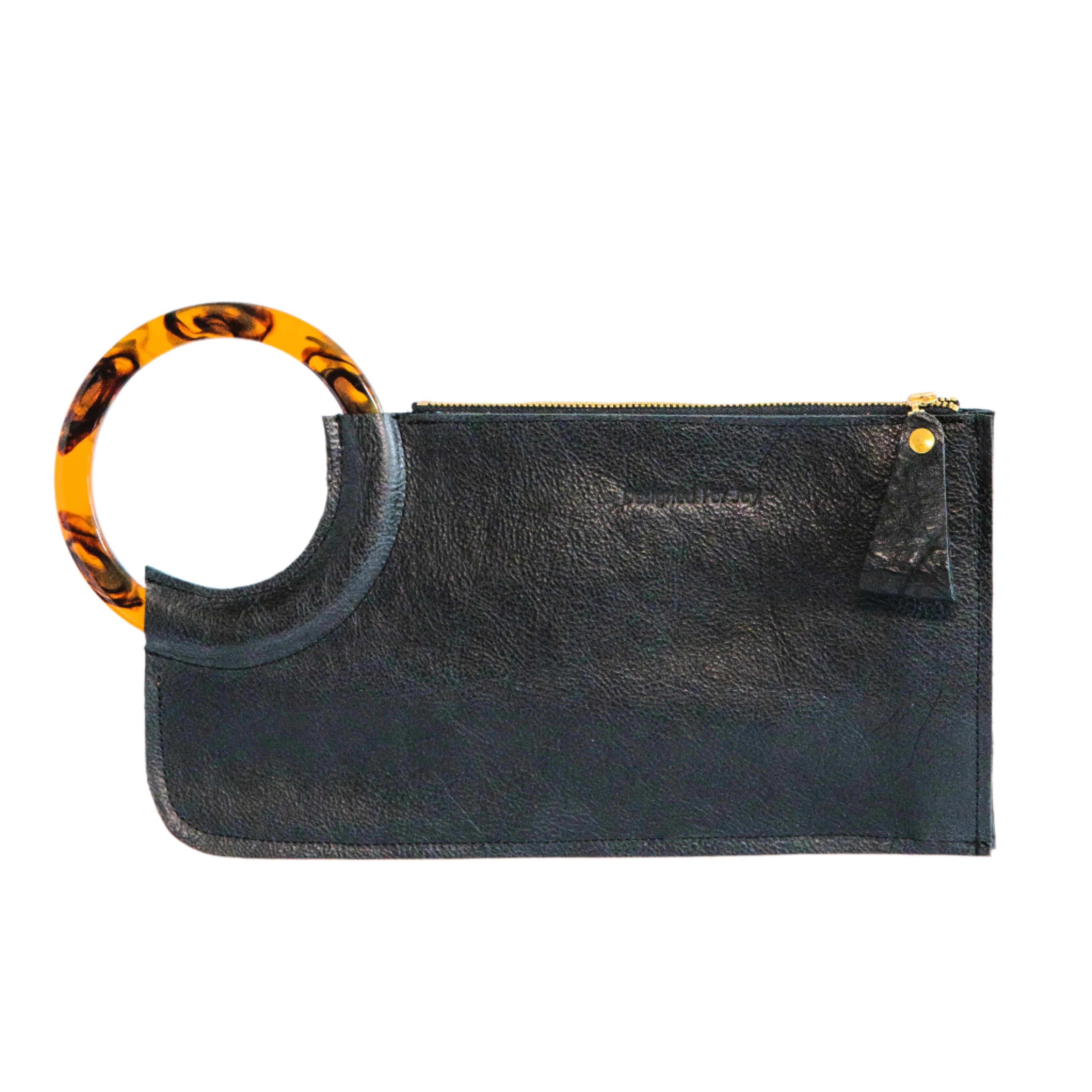 Black wristlet handbag with smooth resin handle and chunky zipper closure on a white background