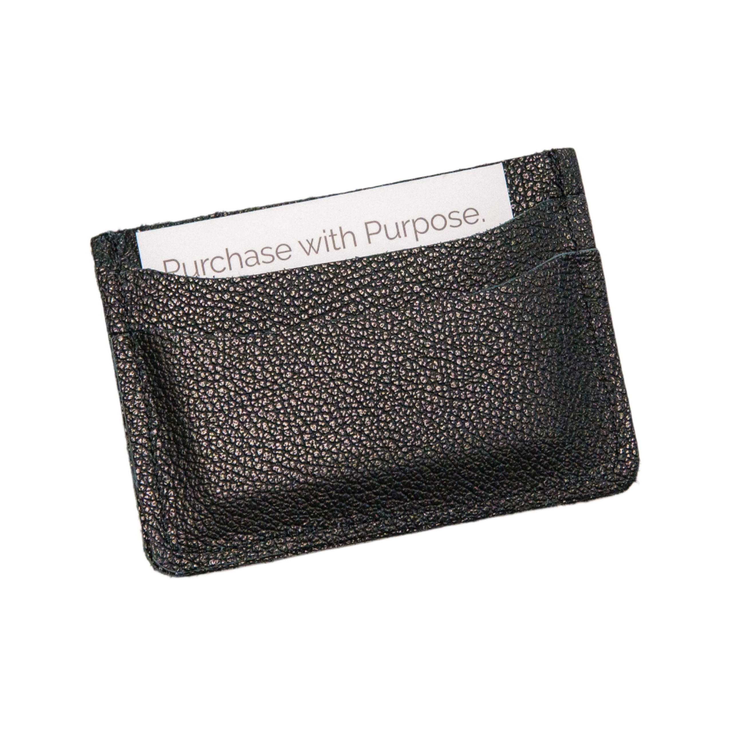 Black leather credit card wallet with a card that has 'Purchase with Purpose' text on it, on a white background
