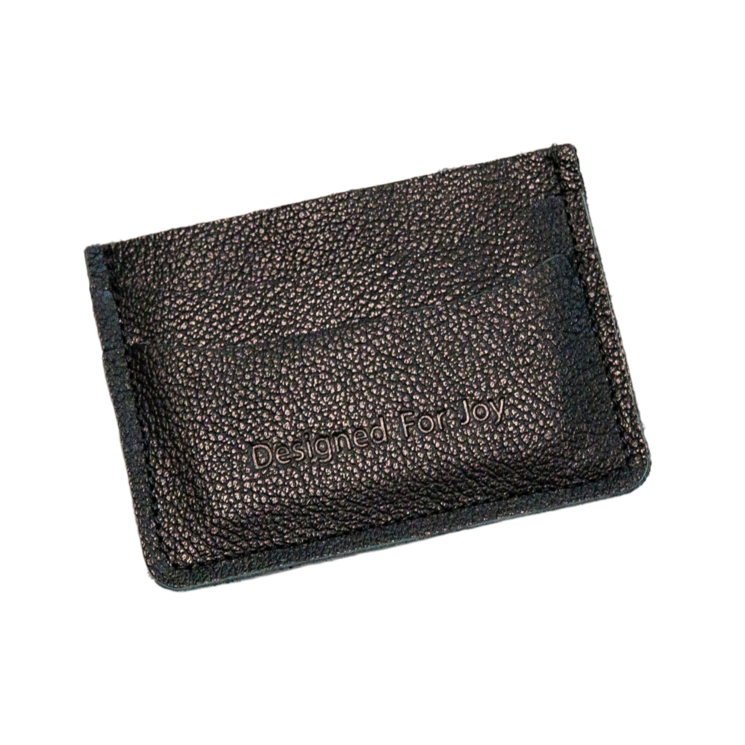 Black leather credit card wallet with 'Designed for Joy' text, on a white background