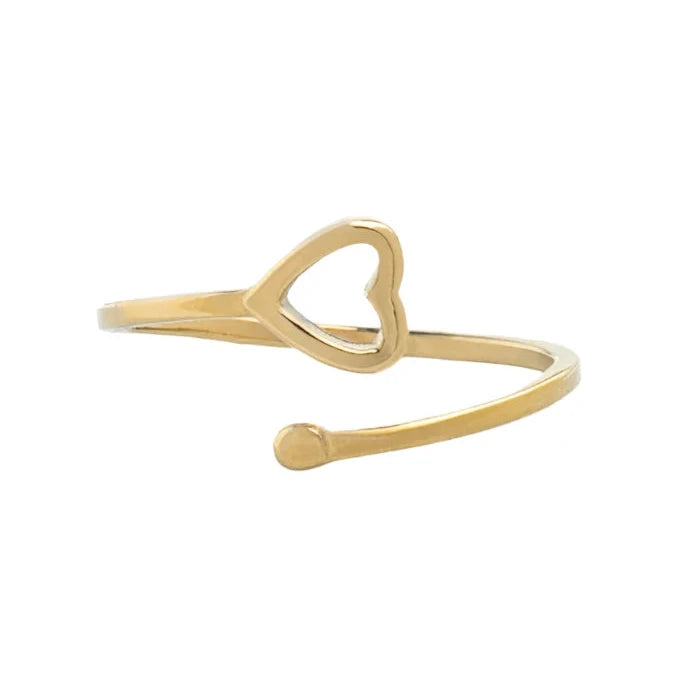 Gold-colored stainless steel ring with a double band design and a small heart at the end, displayed on a white background