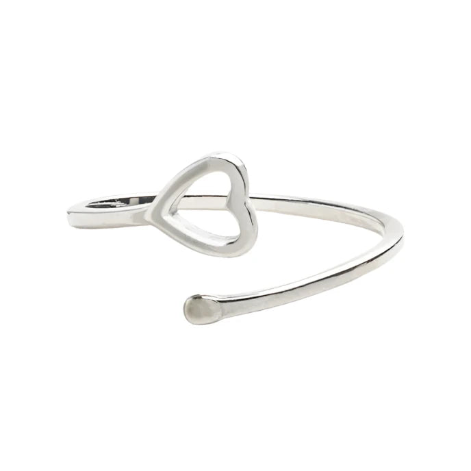 Silver-colored stainless steel ring with a double band design and a small heart at the end, displayed on a white background