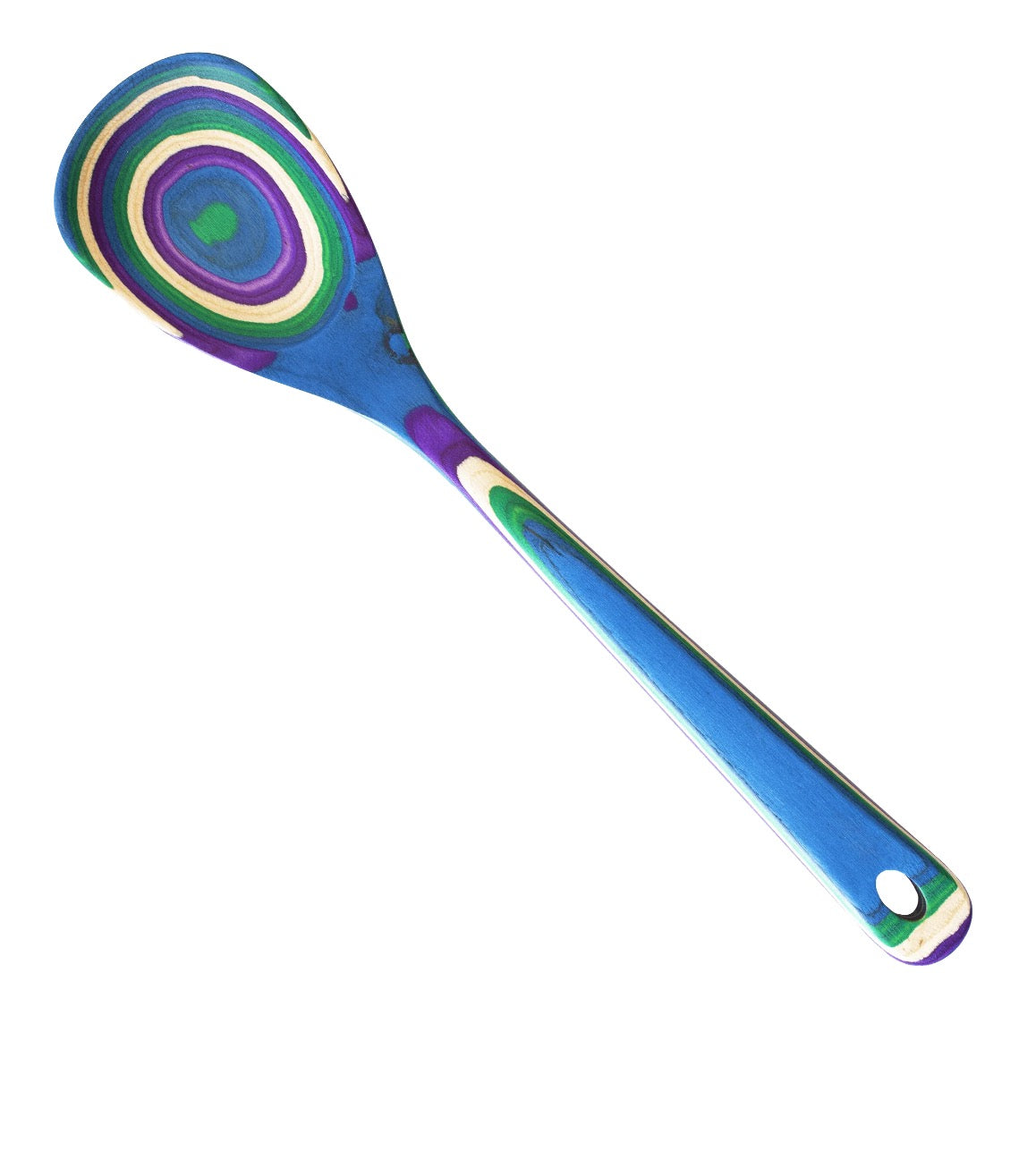 A purple, blue, and green rainbow colored mixing spoon, displayed on a white background