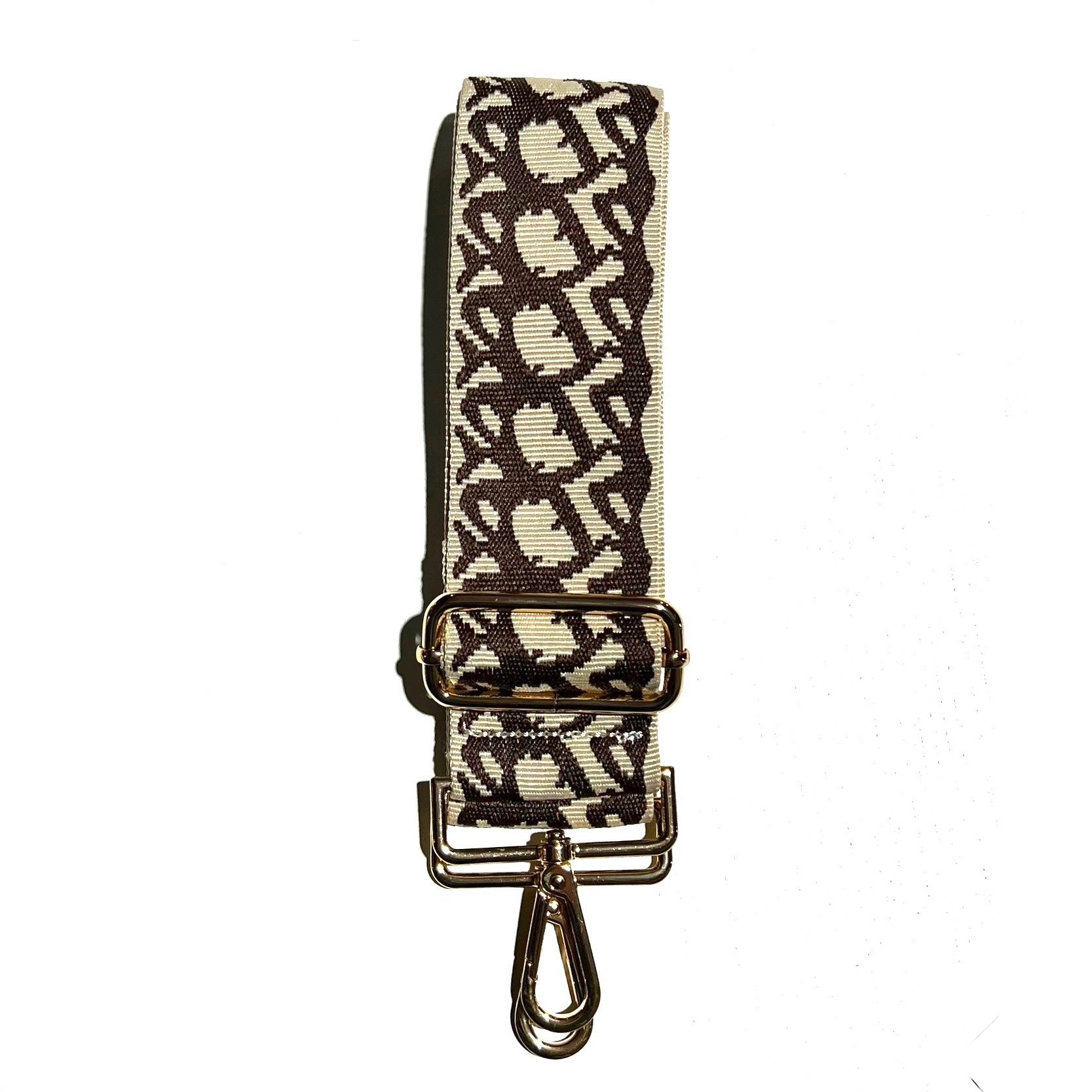 Coffee brown and tan adjustable crossbody strap with a braid pattern and metal hardware, displayed on a white background