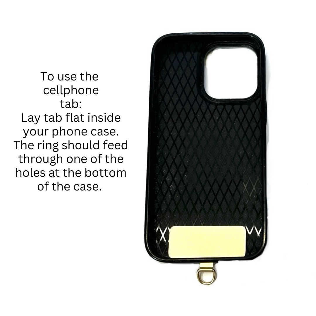 Black phone case with a champagne gold metal tab attached to it, designed to hold a phone and connect to a strap