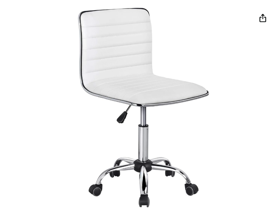 White office chair with a chrome base and armrests, featuring a cushioned seat and backrest, on a white background