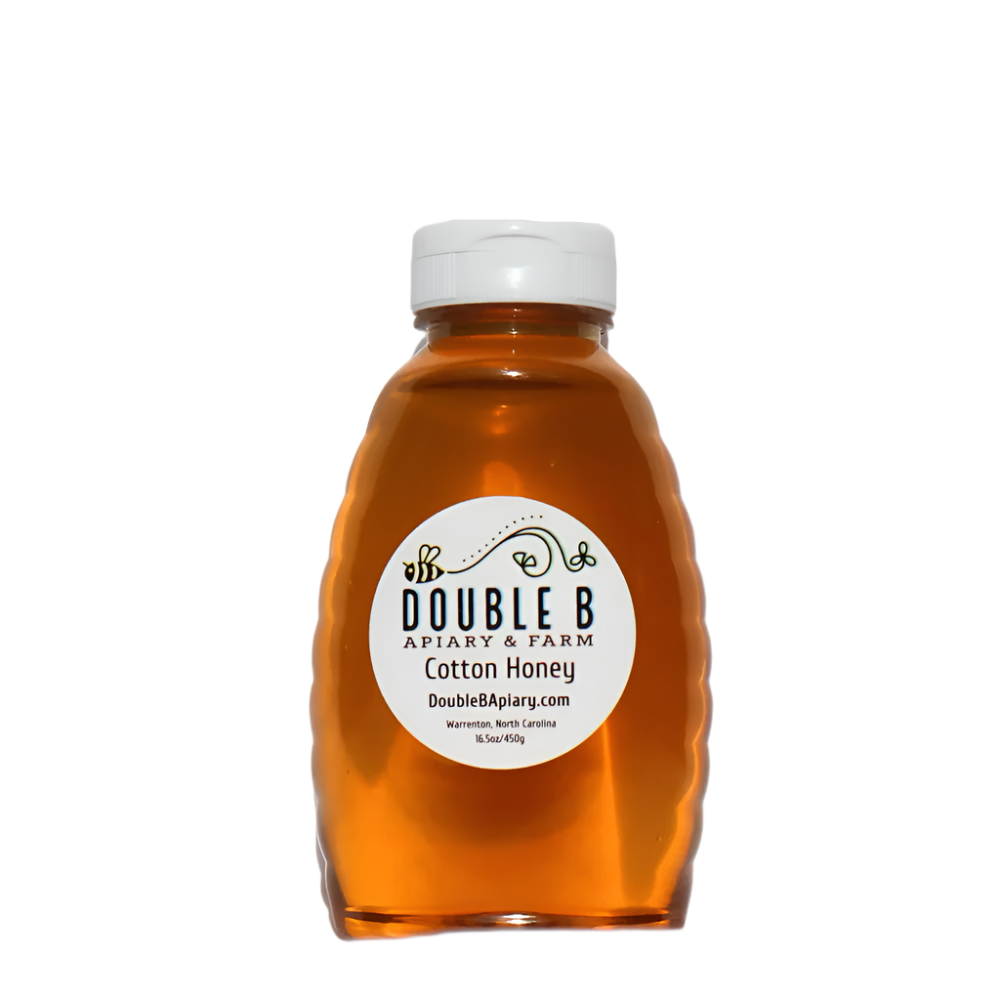 Bottle of Double B Apiary & Farm Cotton Honey on a white background