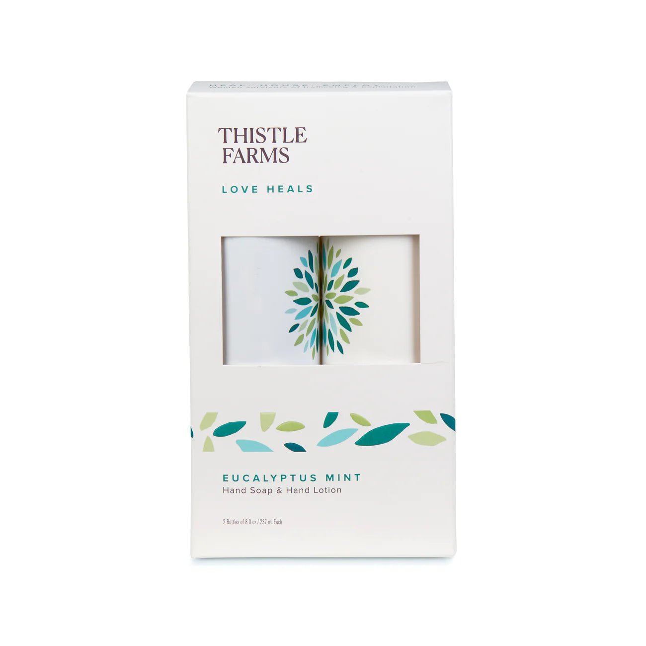 Packaging for Thistle Farms Hand Soap and Hand Lotion with a eucalyptus mint scent, displayed on a white background