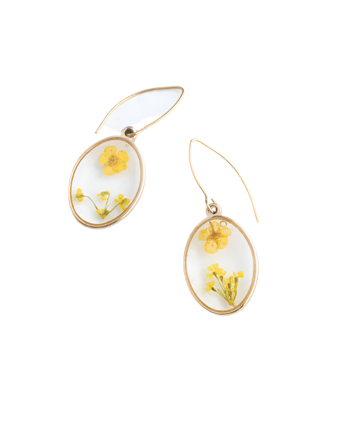 A pair of gold-colored floral yellow resin earrings, displayed on a white background