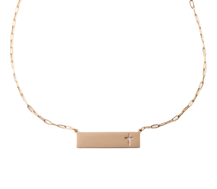 A gold-colored necklace with a rectangle-shaped pendant that has a cross design, displayed on a white background