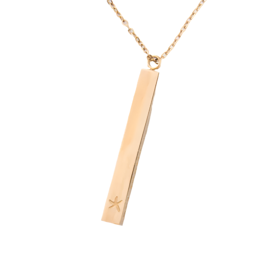 A gold-colored necklace with a rectangle-shaped pendant, displayed on a white background