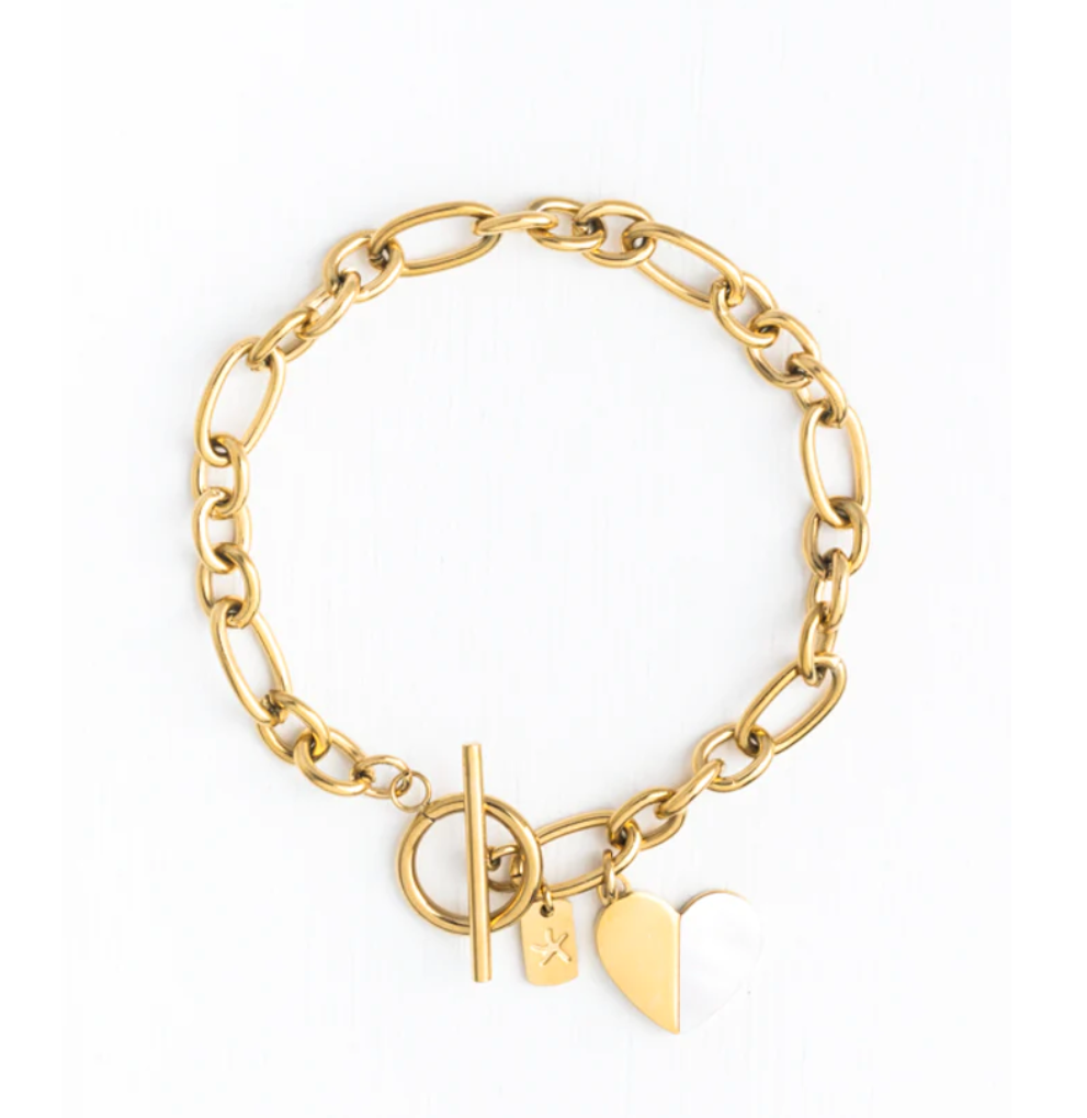 Gold-plated stainless steel bracelet with a series of charms, including a heart pendant, displayed on a white background