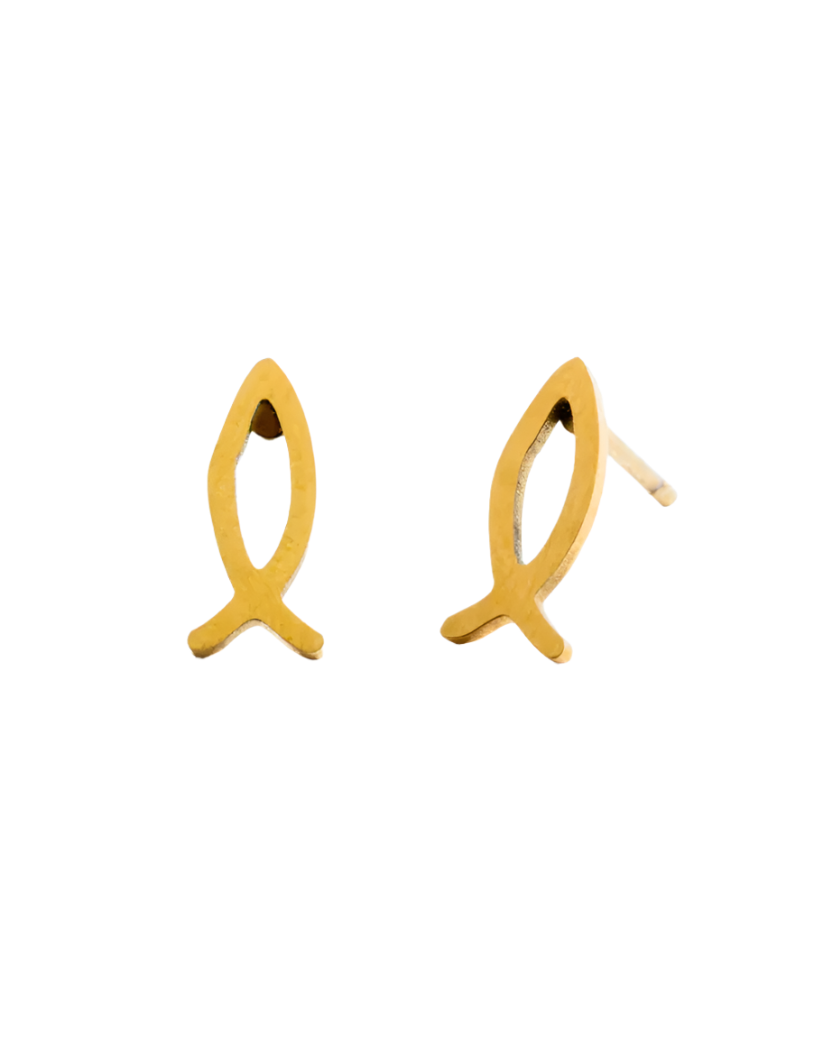 A pair of gold-colored Ichthus fish earrings, displayed on a white background