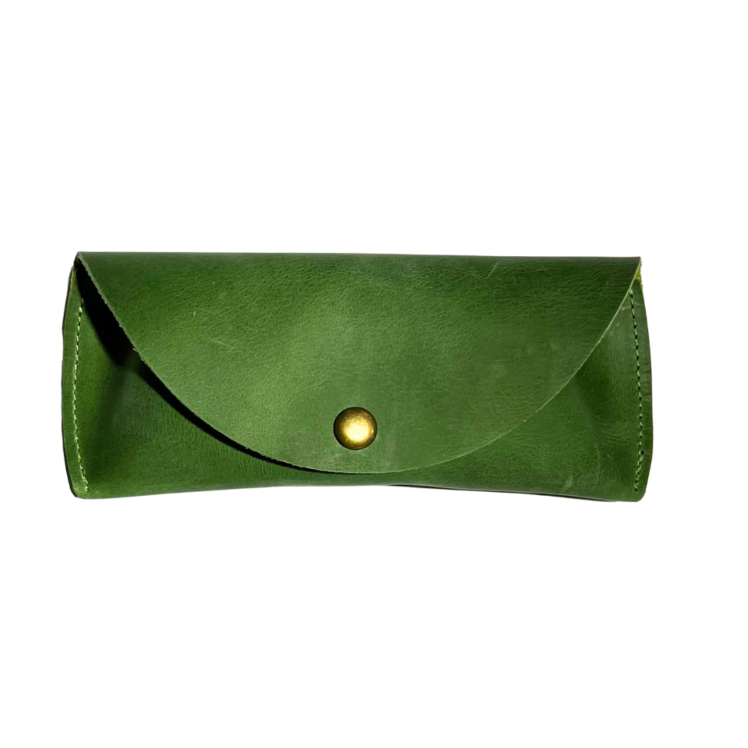 Evergreen leather sunglasses case with a gold magnetic clasp, displayed on a white background