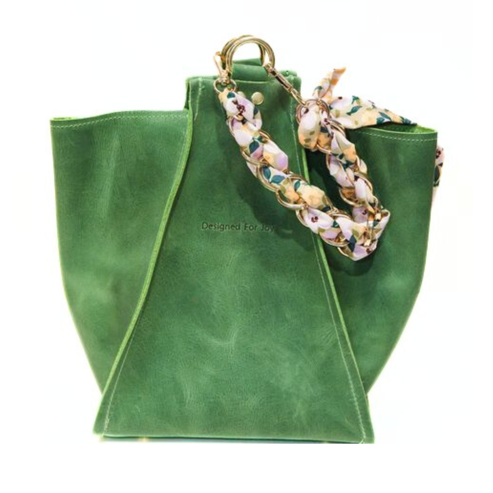 Evergreen bucket handbag with its pockets folded out to the side, displayed on a white background
