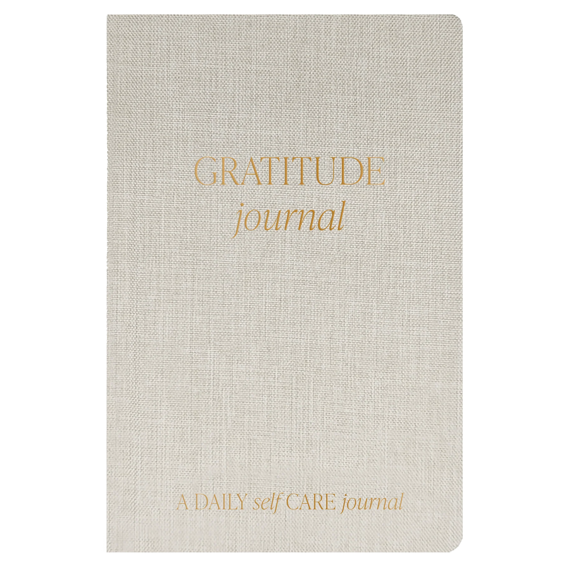 Journal with a beige cover, titled 'GRATITUDE journal: A DAILY self CARE journal' in gold lettering