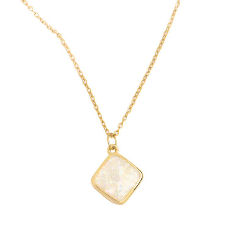 A gold-colored necklace with a square-shaped opal pendant, displayed on a white background