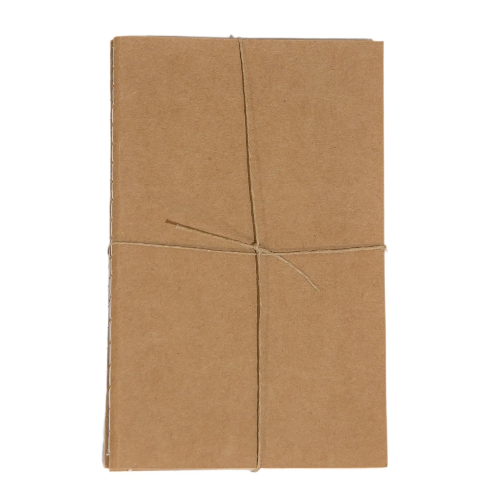 Brown cover and string that packages a refill of pocket journal paper, displayed on a white background
