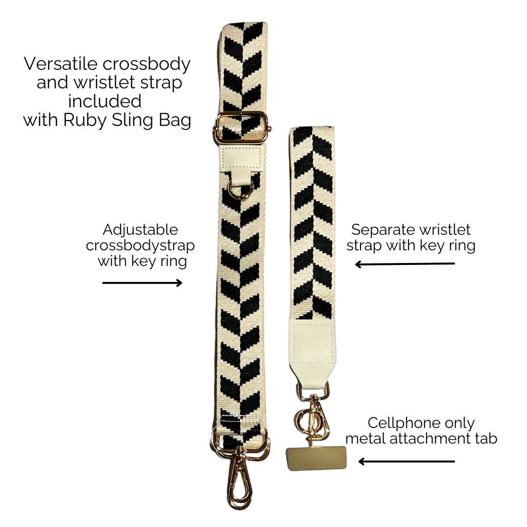 Side by side comparison of black and white crossbody and wristlet straps