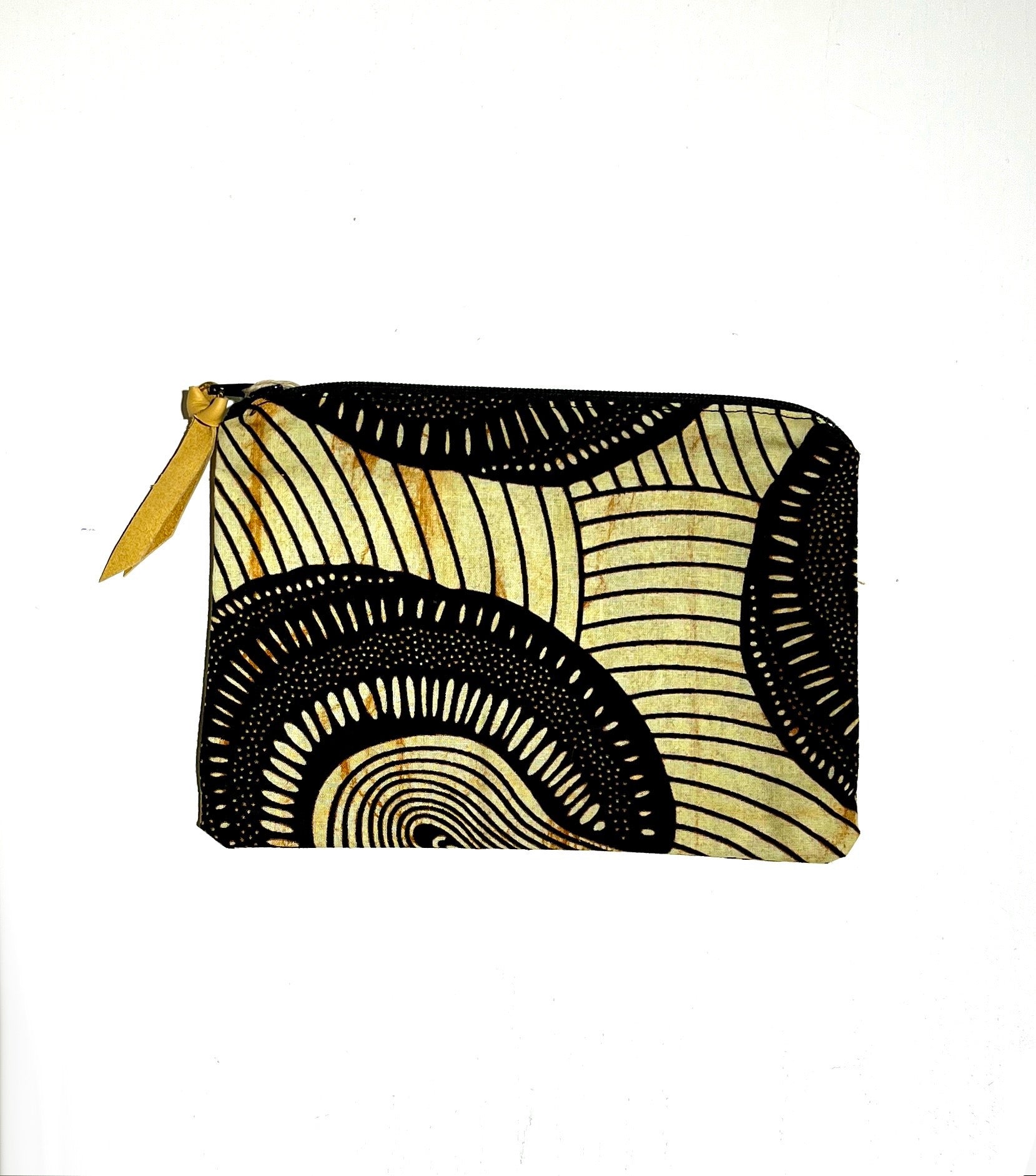A tan and black patterned Rwandan coin purse, displayed on a white background