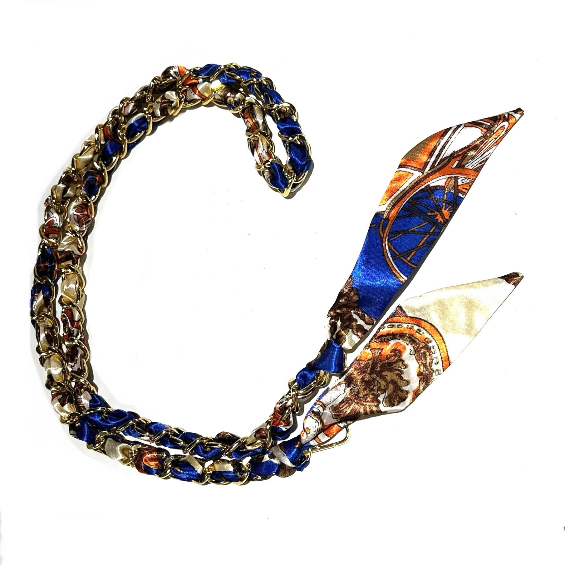 Blue, orange, and cream 48" long scarf chain strap with goldtone links displayed on a white background