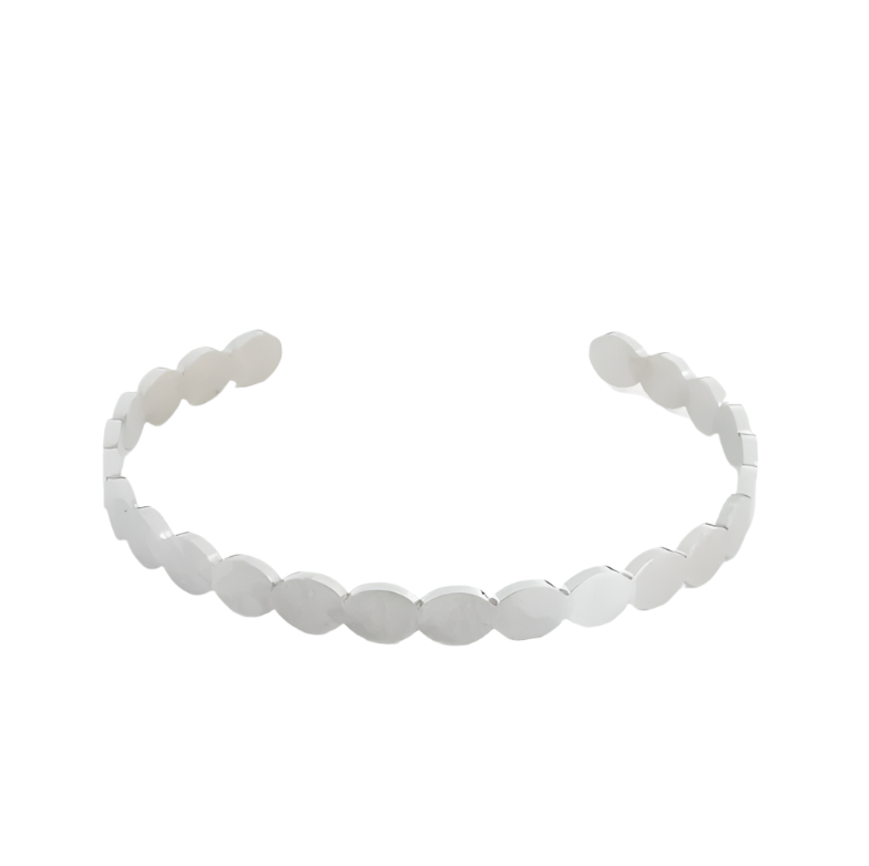 Silver scallop cuff bracelet, displayed on a white background