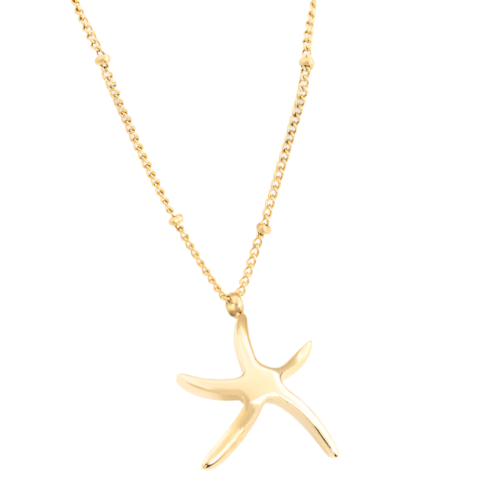 A gold-colored necklace with a starfish pendant, displayed on a white background