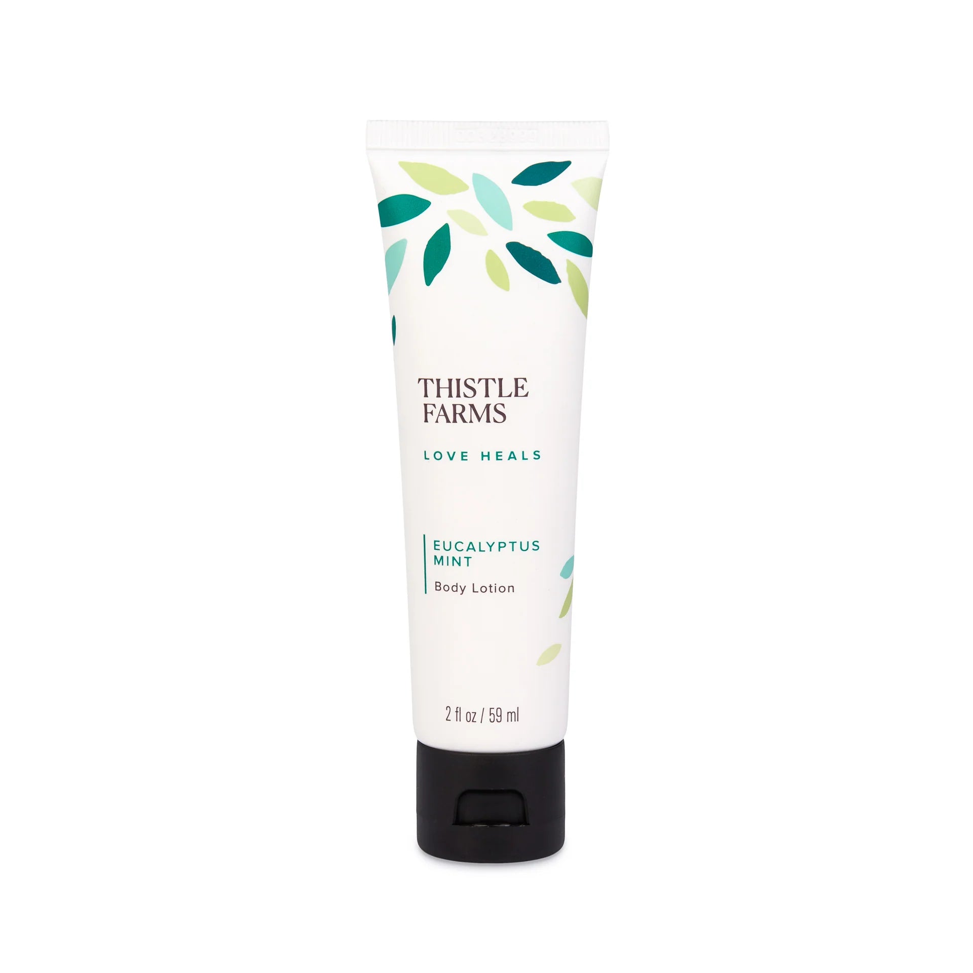 White tube of Thistle Farms Body Lotion labeled 'Eucalyptus Mint' with leaf pattern, displayed on a white background