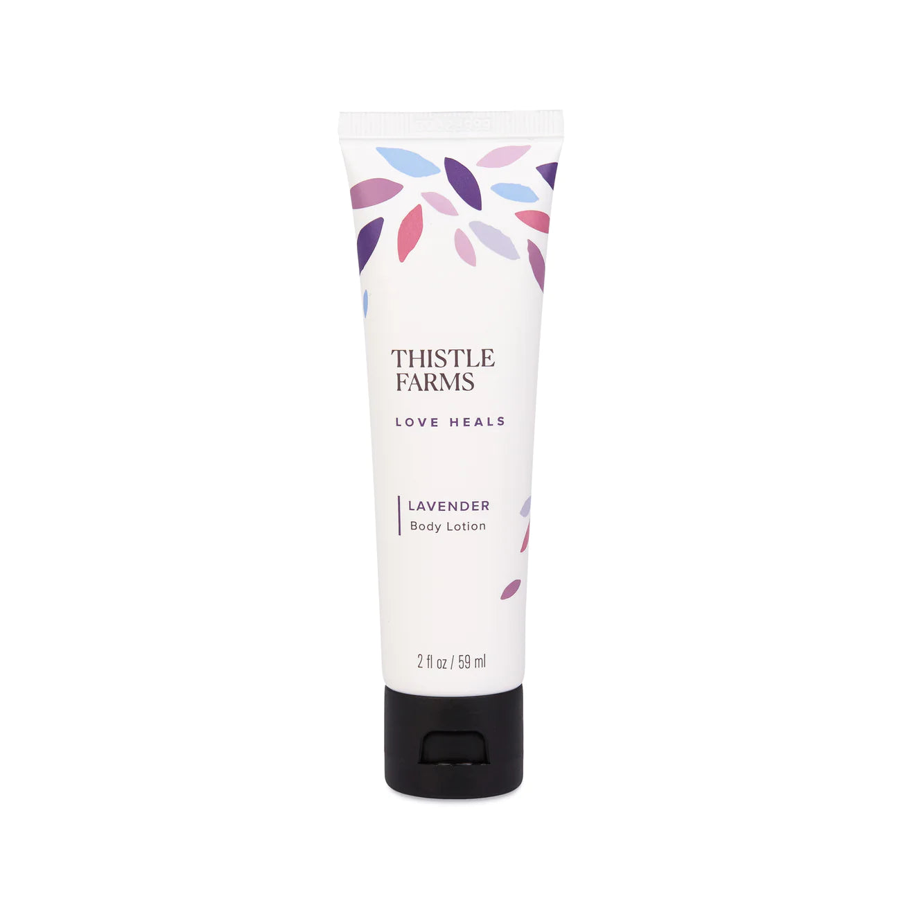 White tube of Thistle Farms Body Lotion labeled 'Lavender' with leaf pattern, displayed on a white background