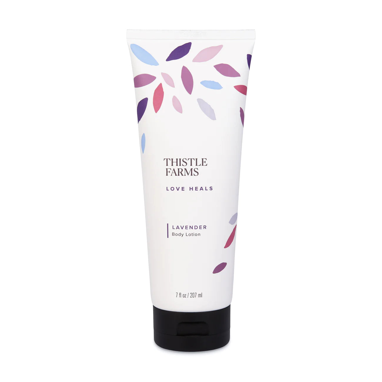 White tube of Thistle Farms Body Lotion labeled 'Lavender' with leaf pattern, displayed on a white background