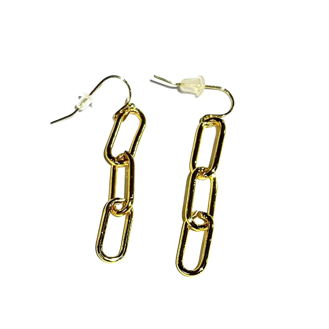 A pair of gold-plated paperclip chain earrings with a three-link design, displayed on a white background