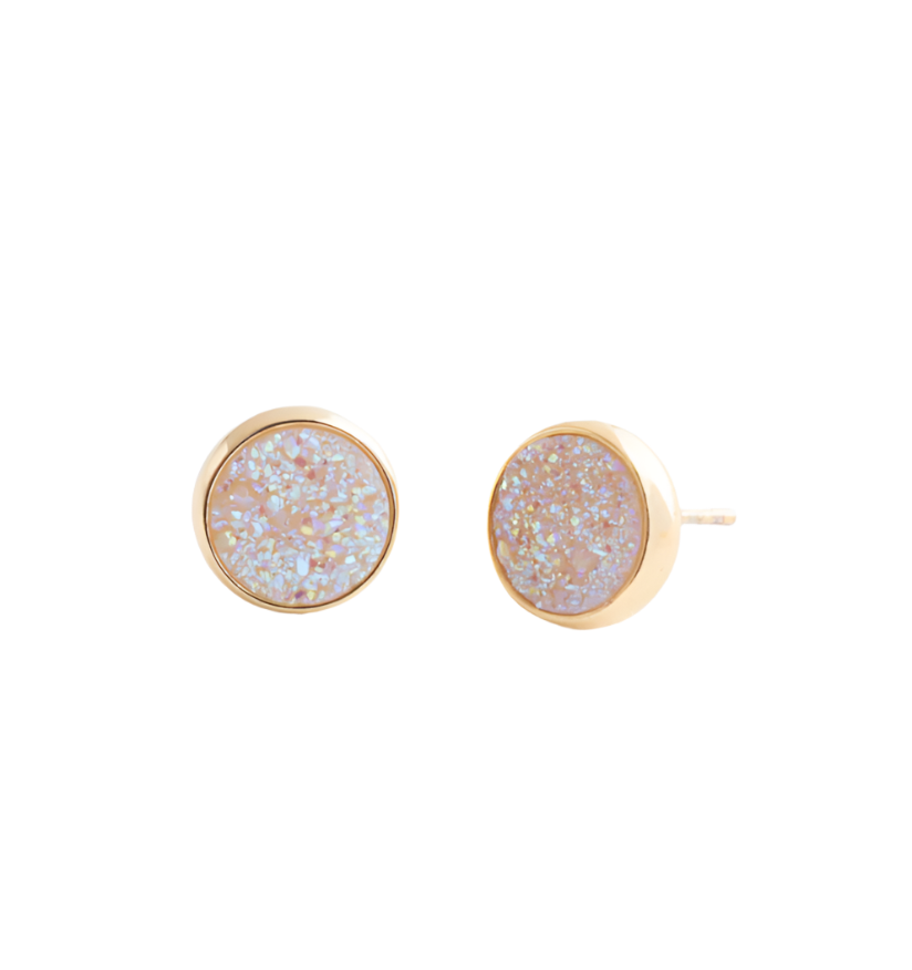 A pair of gold-colored glittery white agate earrings, displayed on a white background