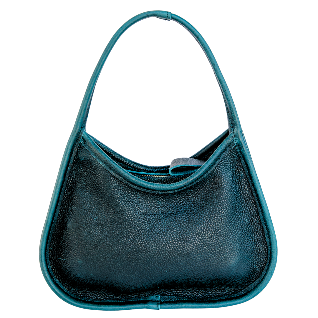 Teal leather shoulder handbag with a wide base and narrow handles displayed on a white background