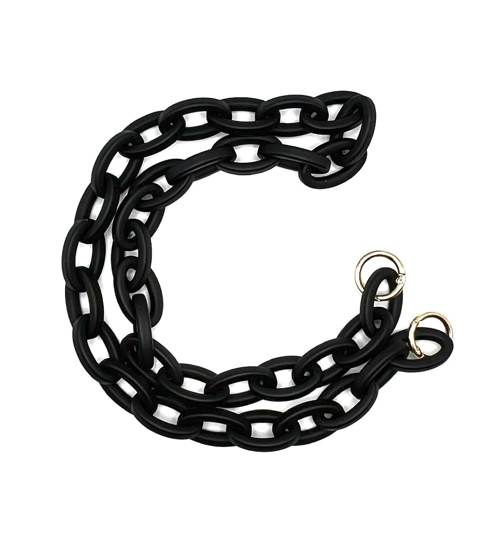 Black acrylic chain crossbody handbag strap with gold accents and clips