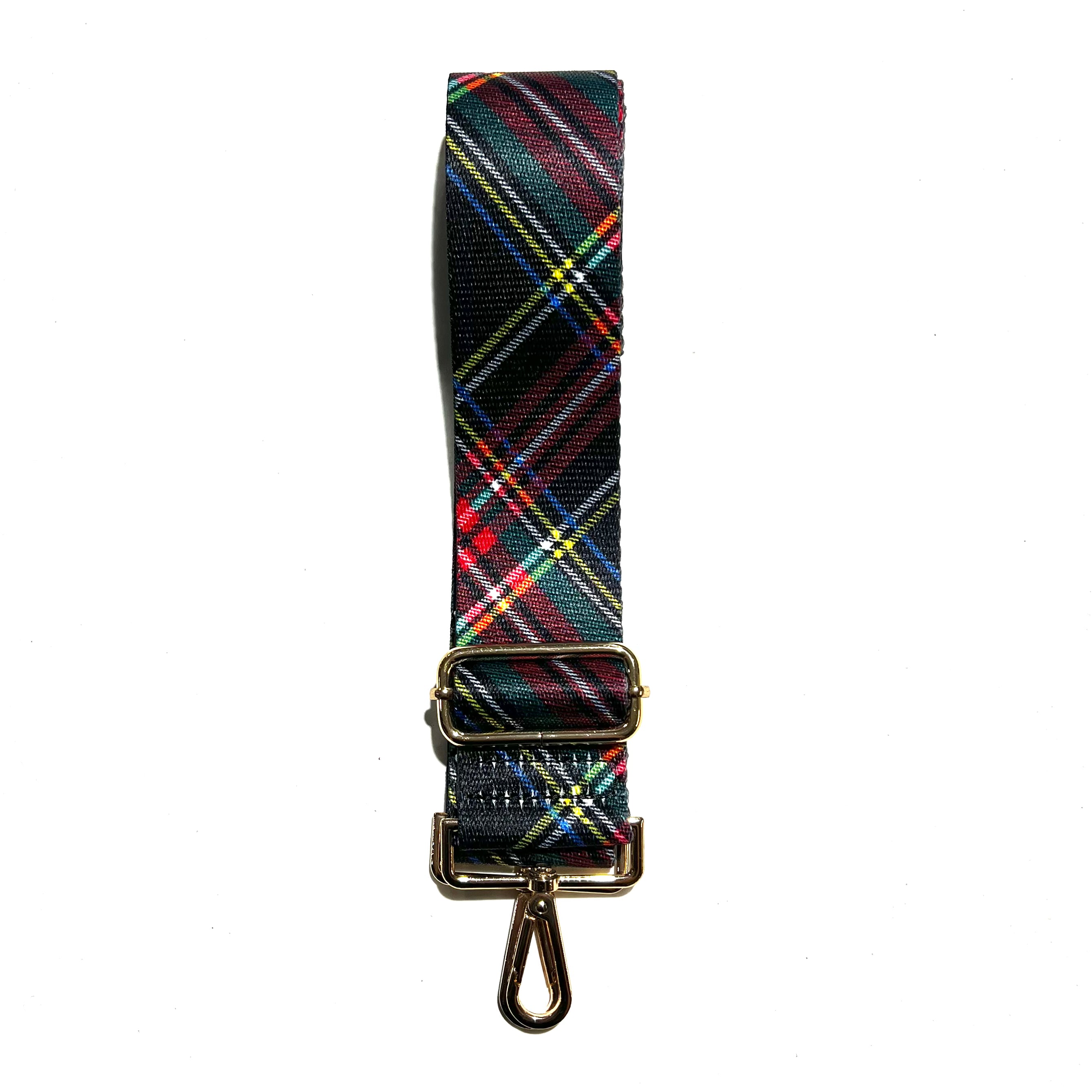 Black adjustable crossbody strap with a plaid pattern and metal hardware, displayed on a white background