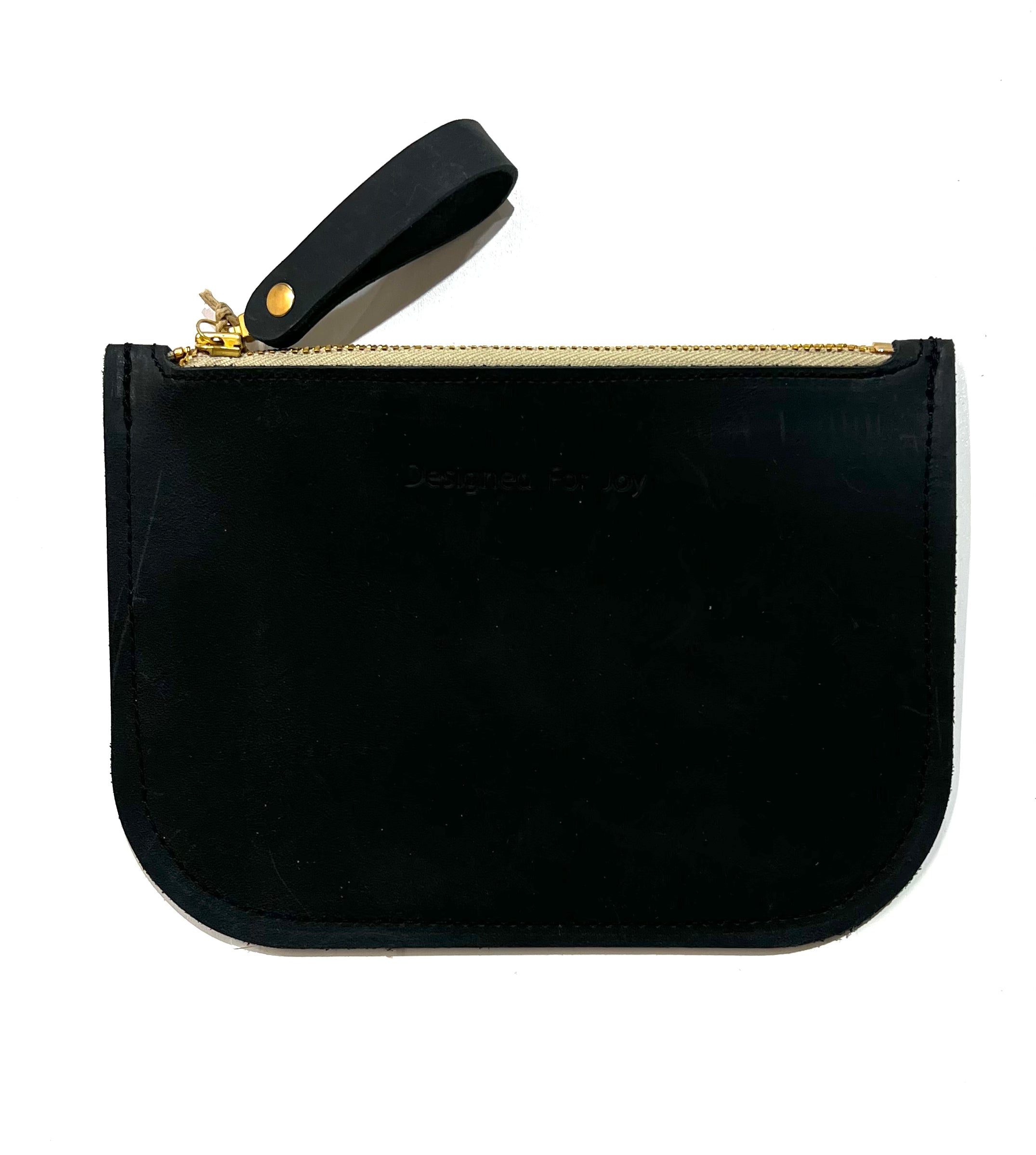 Black leather slim zipper coin purse, displayed on a white background