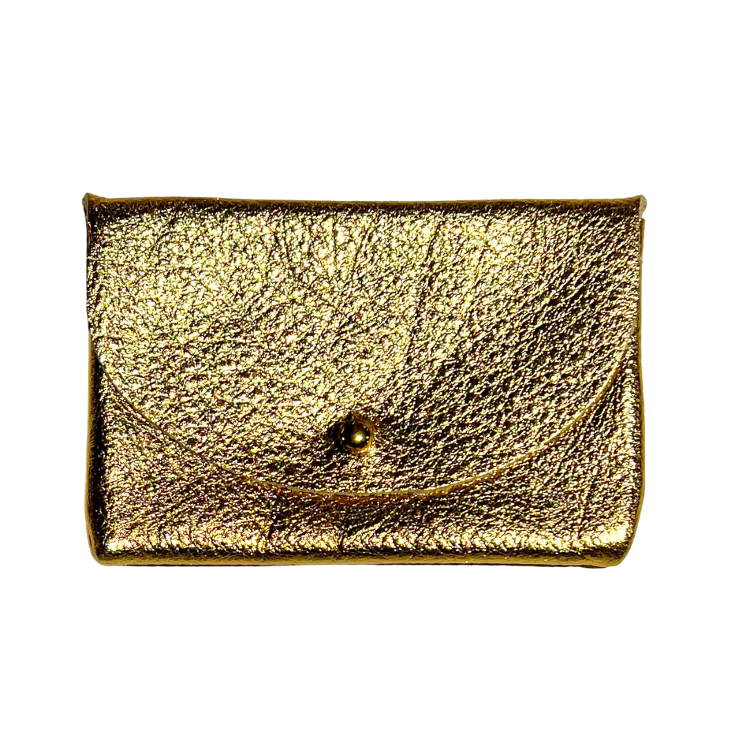 Gold metallic button stud coin purse, displayed on a white background