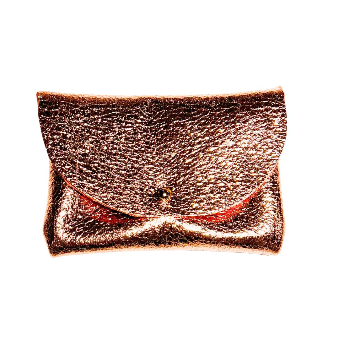 Rose gold metallic coin purse with a gold button stud, displayed on a white background