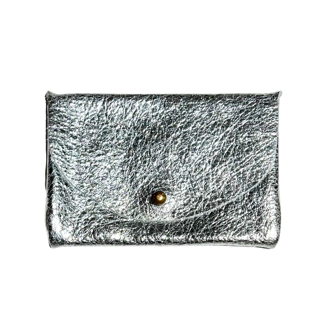 Silver metallic coin purse with a gold button stud, displayed on a white background