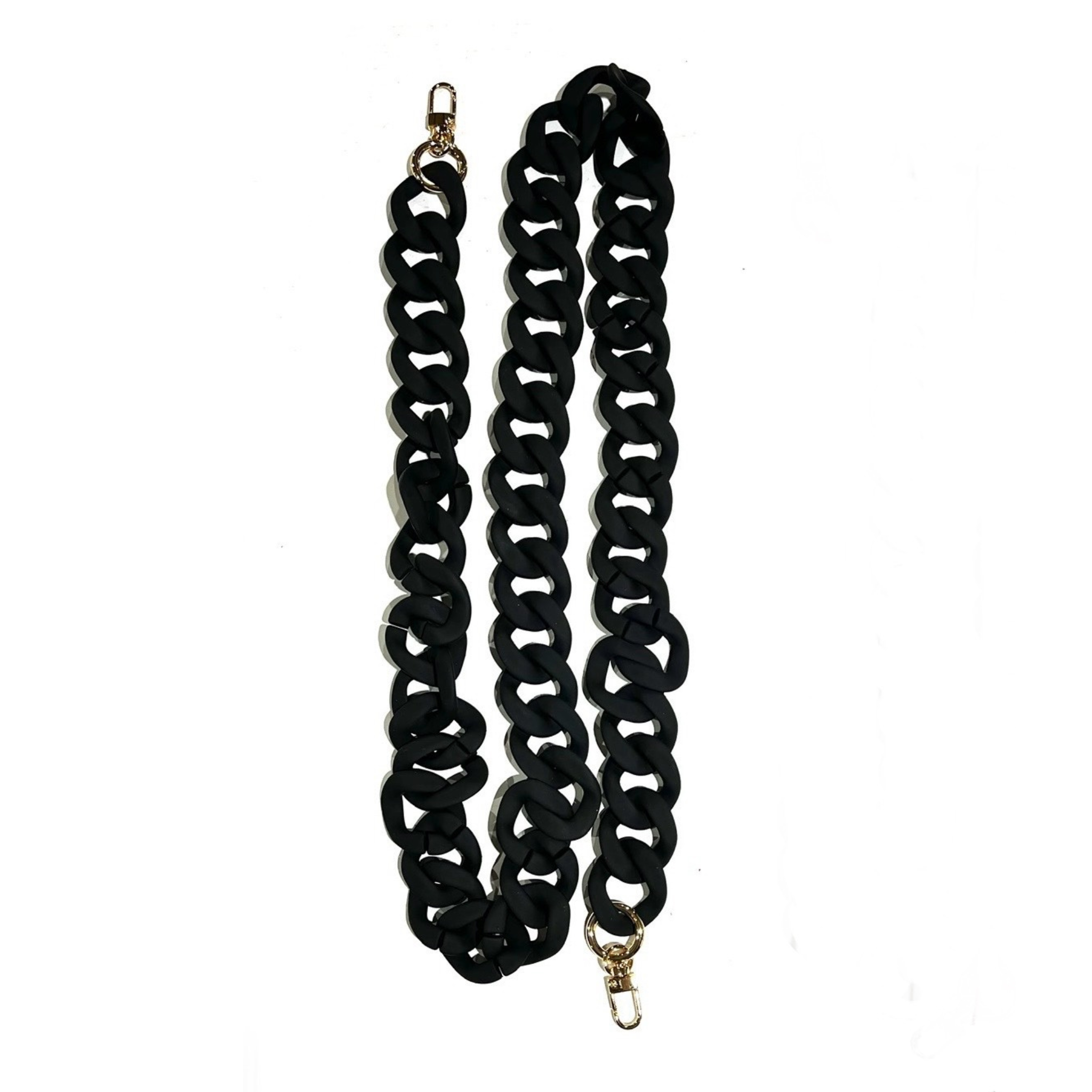 Black chunky acrylic crossbody chain strap with gold clips on either end, displayed on a white background