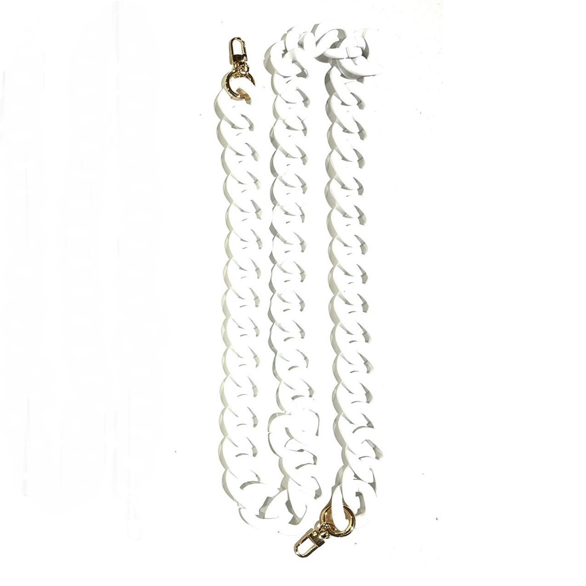 White chunky acrylic crossbody chain strap with gold clips on either end, displayed on a white background