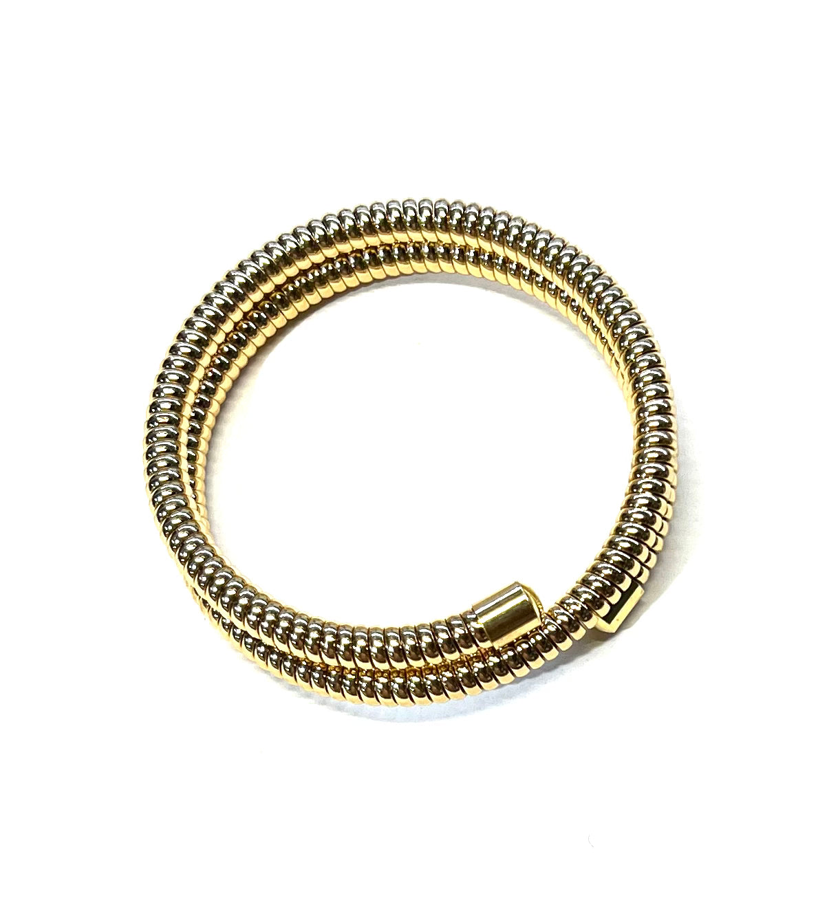 Gold-colored coil bangle bracelet with a woven design, displayed on a white background