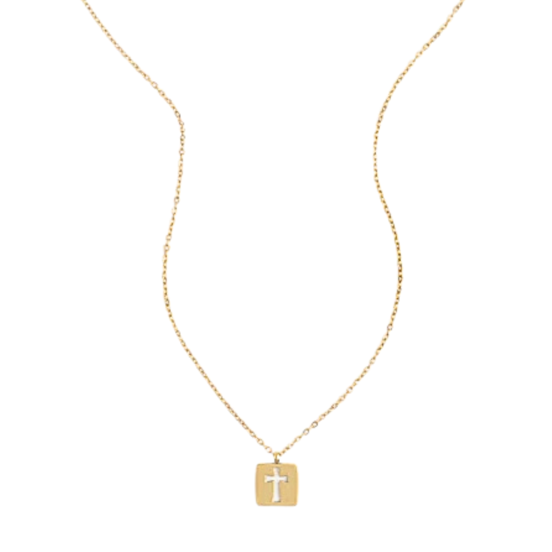 A gold-colored necklace with a rectangle-shaped pendant with a cross, displayed on a white background