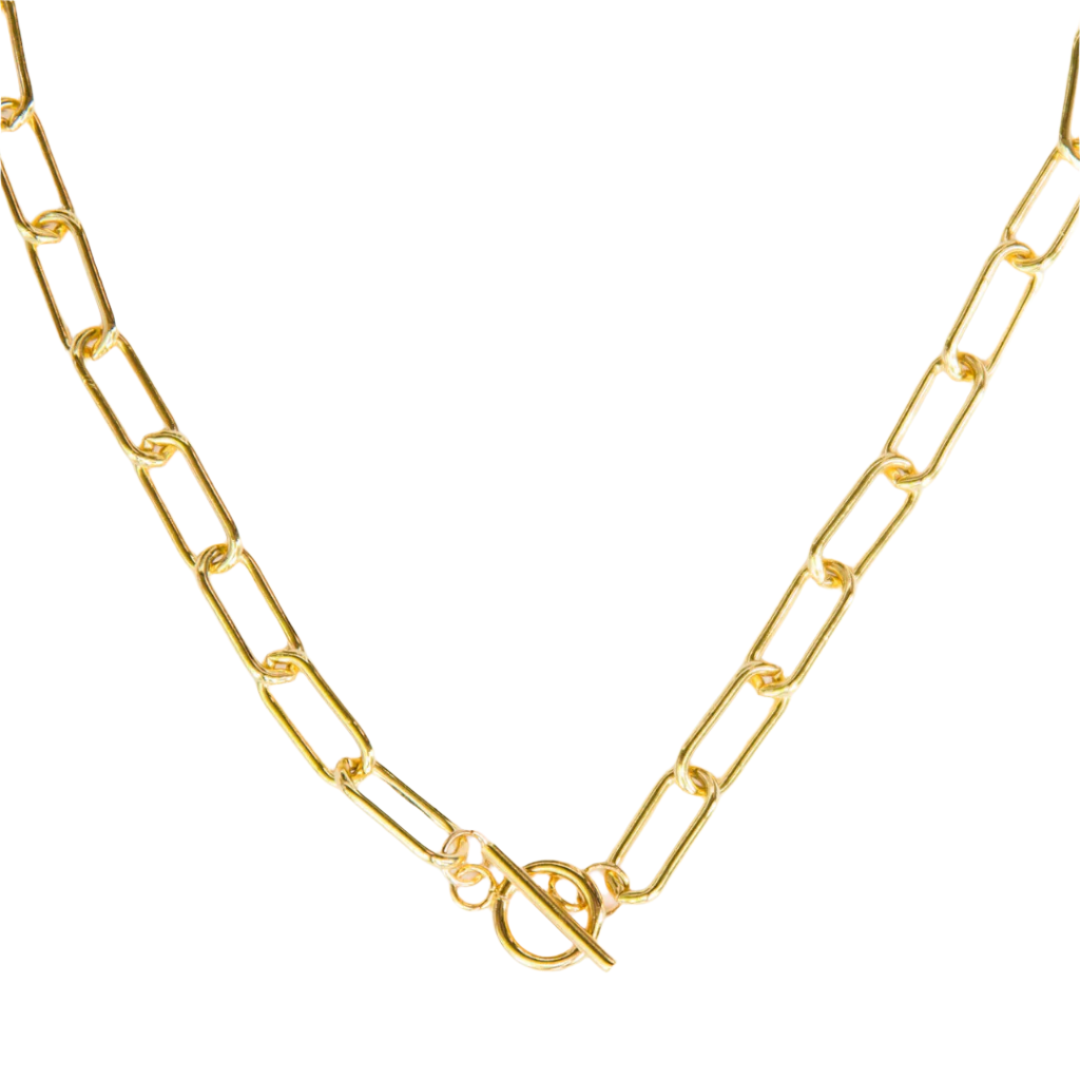 A gold paperclip chain necklace with a toggle clasp in the size large, displayed on a white background