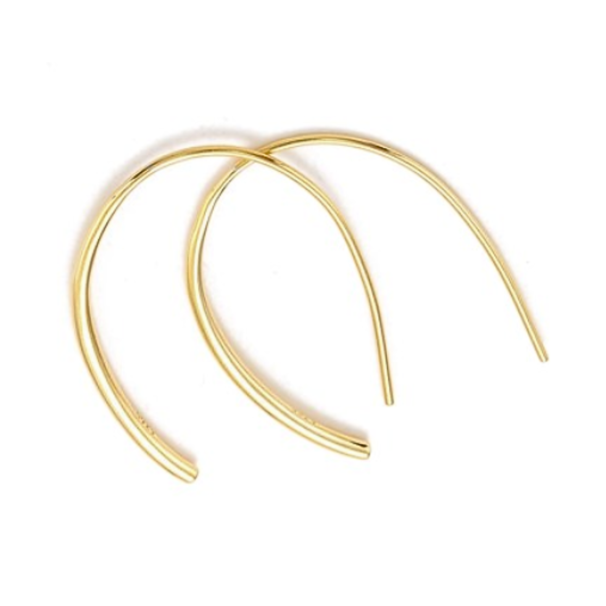 A pair of gold-plated horseshoe threader earrings, displayed on a white background