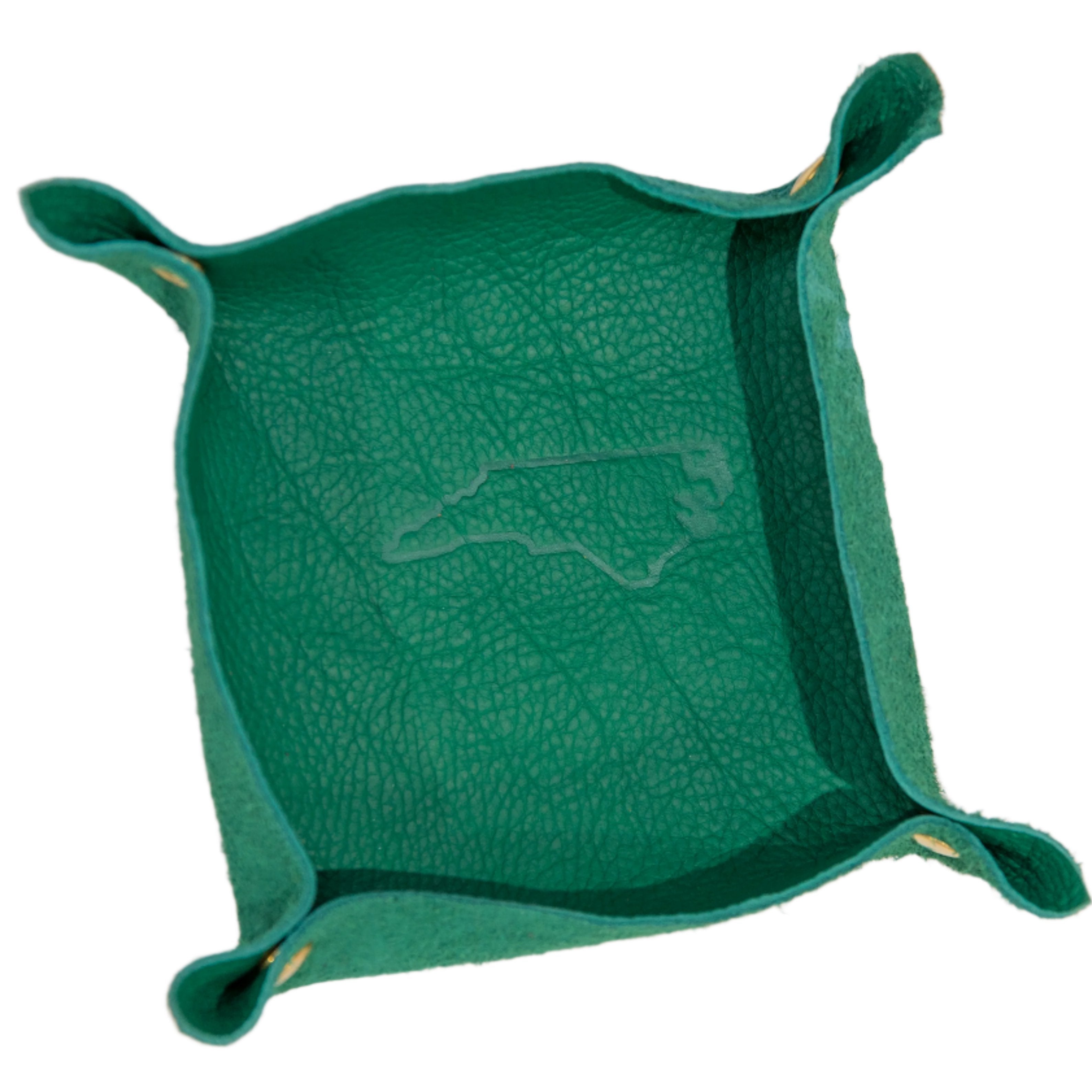 Emerald green valet tray with pinched corners, brass snaps, and an NC state outline, displayed on a white background