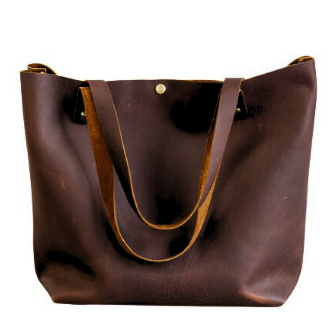 A large brown leather tote bag, displayed on a white background