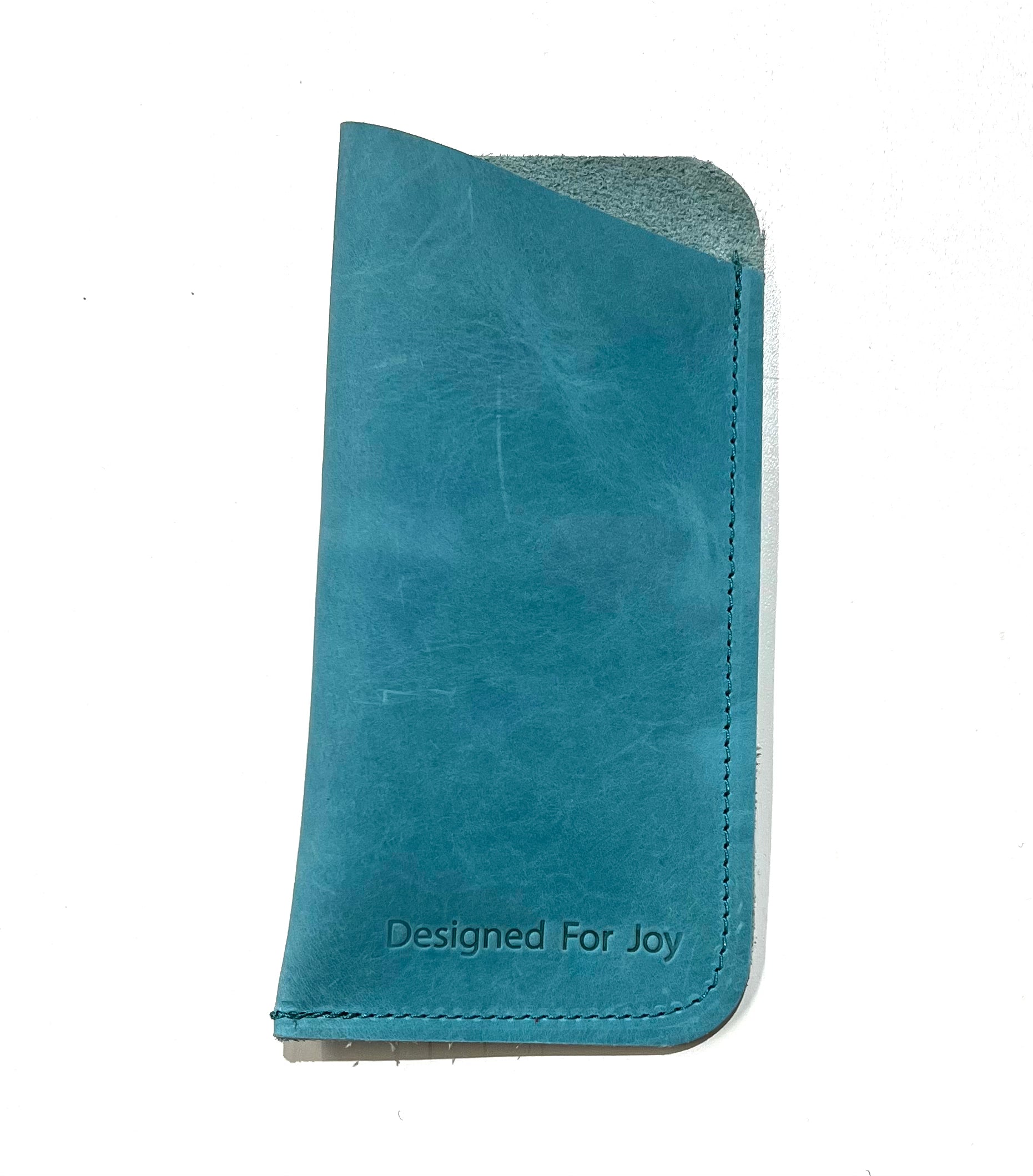 Aqua blue slim eyeglass case with a suede interior and angled top design, displayed on a white background