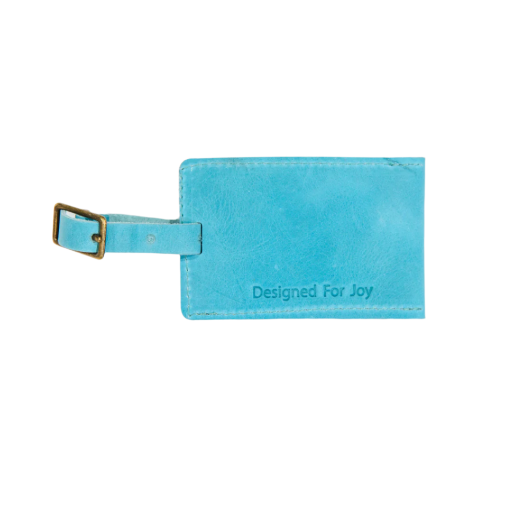 Aqua blue luggage tag with a leather buckled strap and 'Designed for Joy' text, displayed on a white background