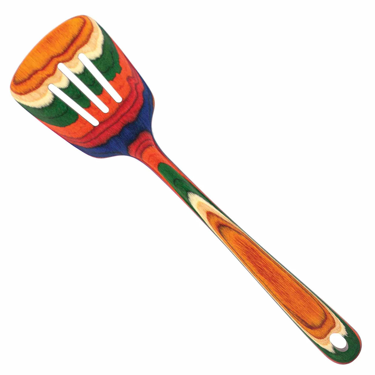 A sunset rainbow slotted colored spatula, displayed on a white background