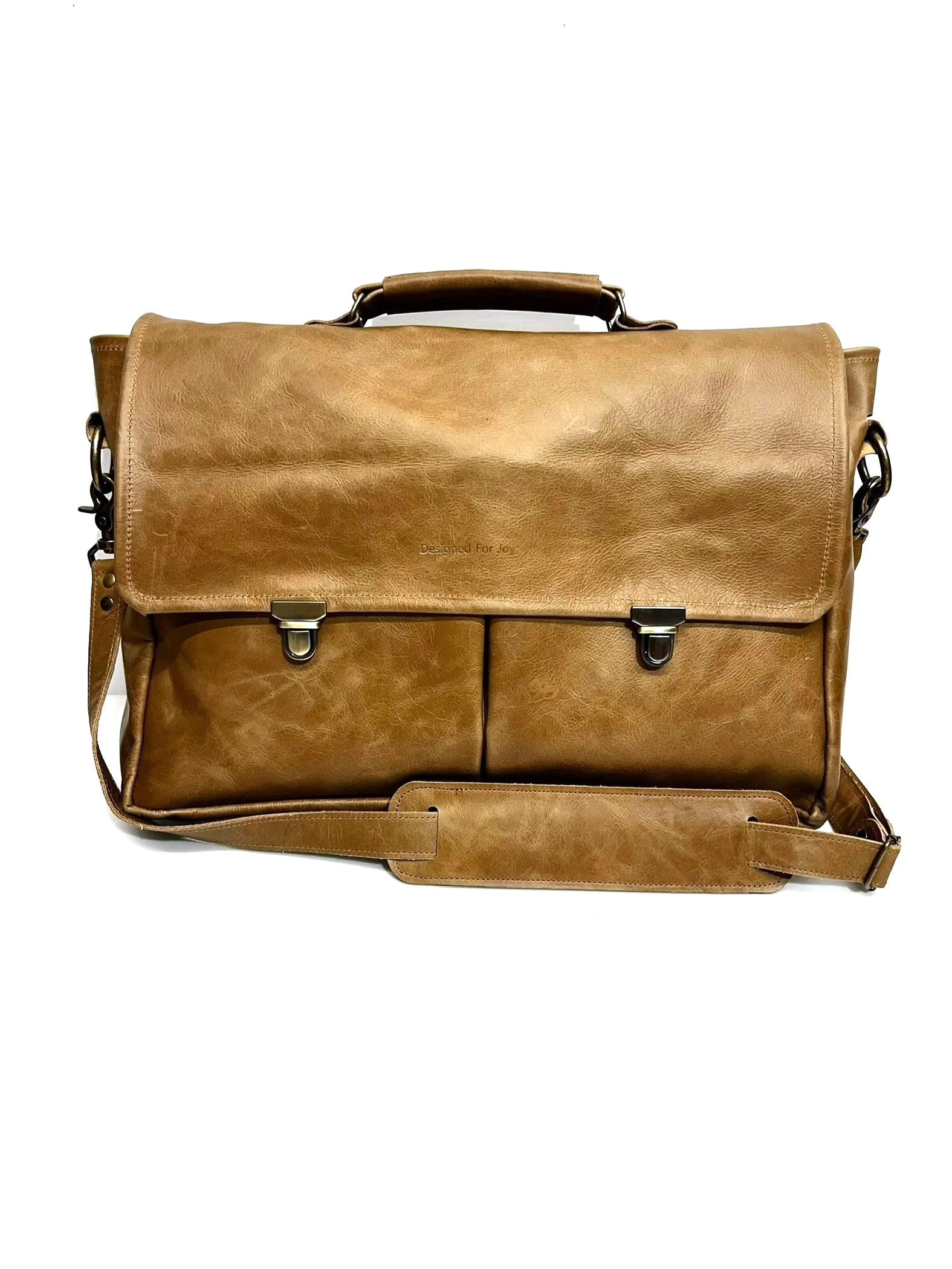 Caramel brown professional messenger/laptop bag with a leather handle and shoulder strap, featuring secure snap pockets and a suede interior